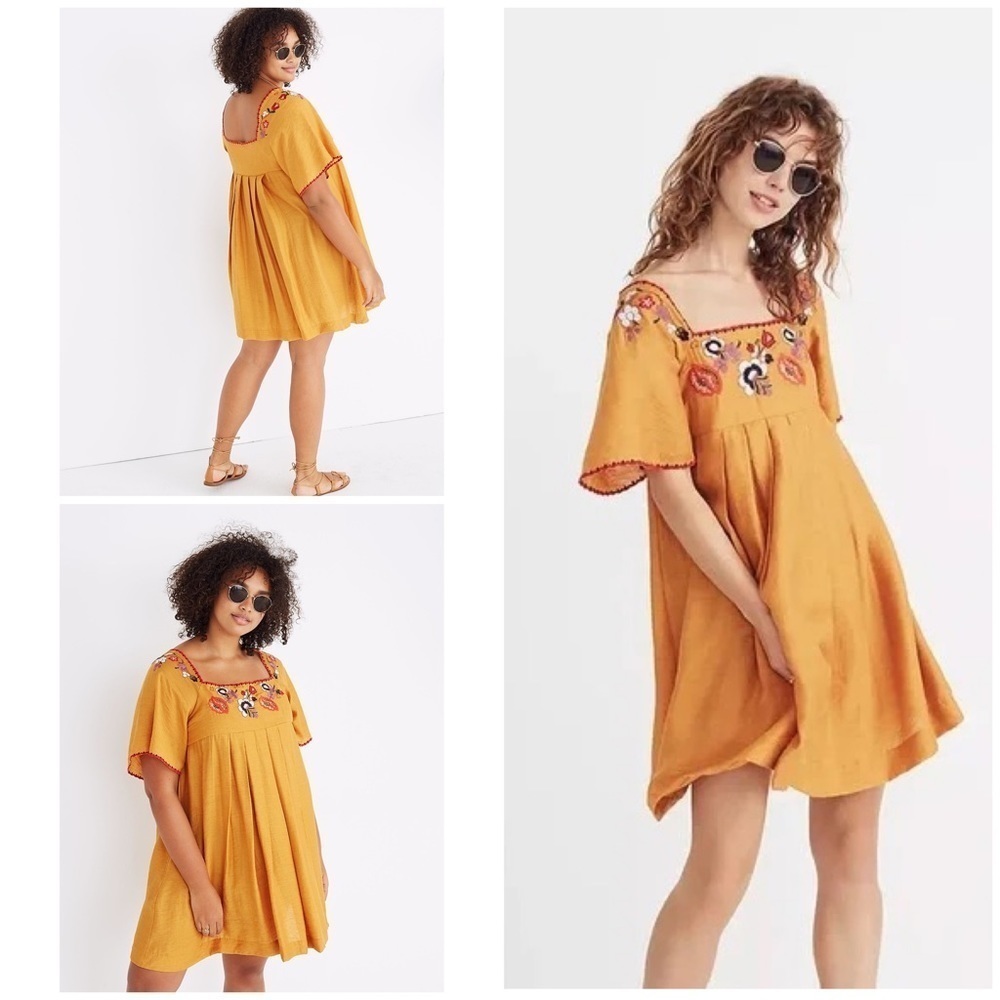 Madewell Floral Embroidered Square-Neck Marigold Yellow Mini Dress Small​​​​​​